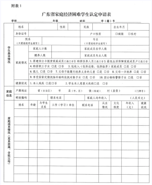 广东省家庭经济困难学生认定申请表
